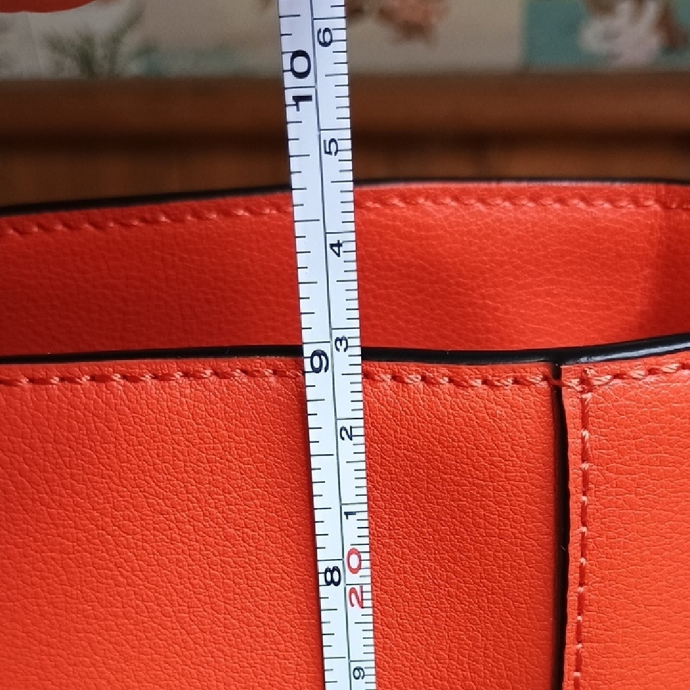 orYANY Orange Leather Crossbody Bucket Bag with Green Strap - Picture 12 of 13